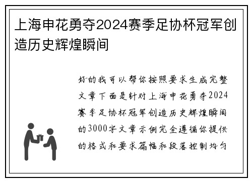 上海申花勇夺2024赛季足协杯冠军创造历史辉煌瞬间