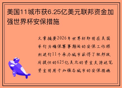 美国11城市获6.25亿美元联邦资金加强世界杯安保措施 美国11城市获6.25亿美元联邦资金加强世界杯安保措施